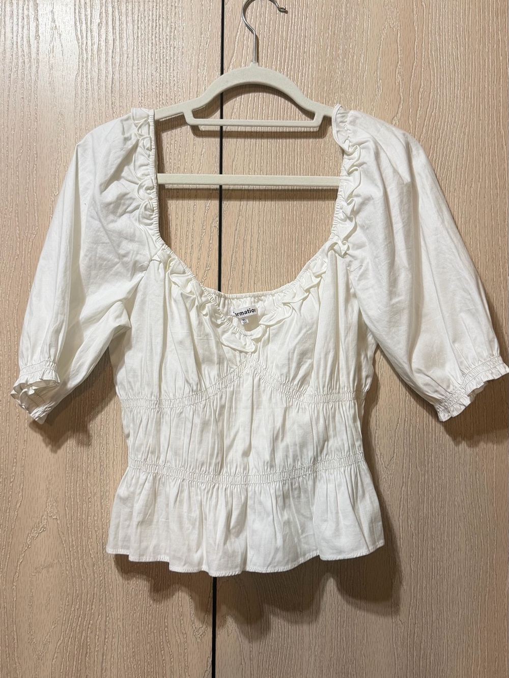 Reformation Women’s Cream Ruffled Square-Neck Blouse with Smocked Waist